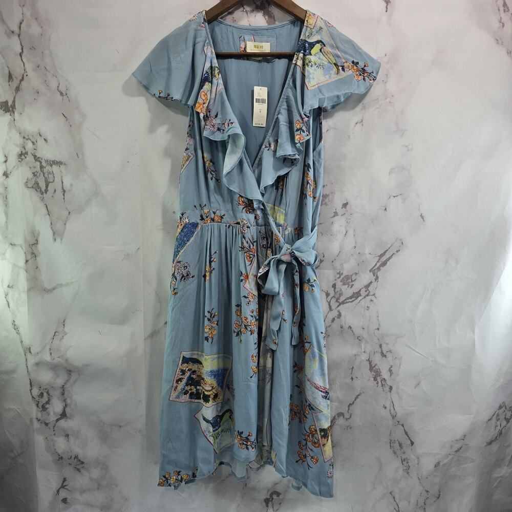 Anthropologie Dress Womens Medium 8 Blue Rosalia Floral Maeve Ruffle Toucan